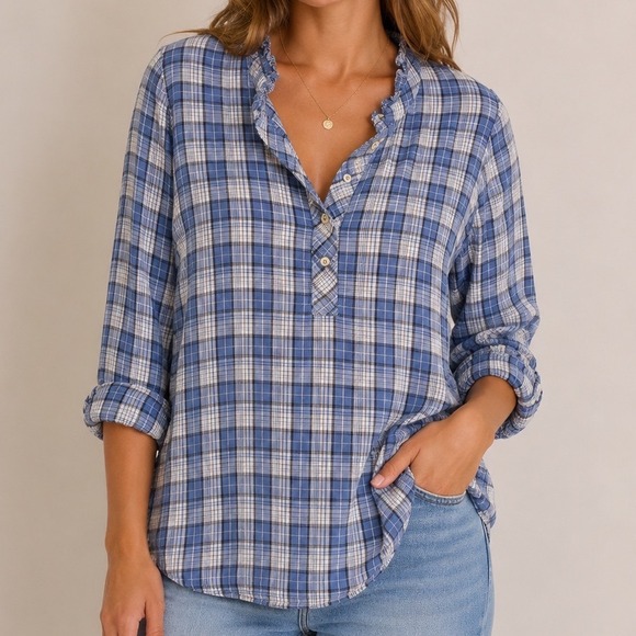 Talbots Tops - Talbots Plaid Popover Blouse Women's Small Blue 100% Cotton Ruffle Collar Top